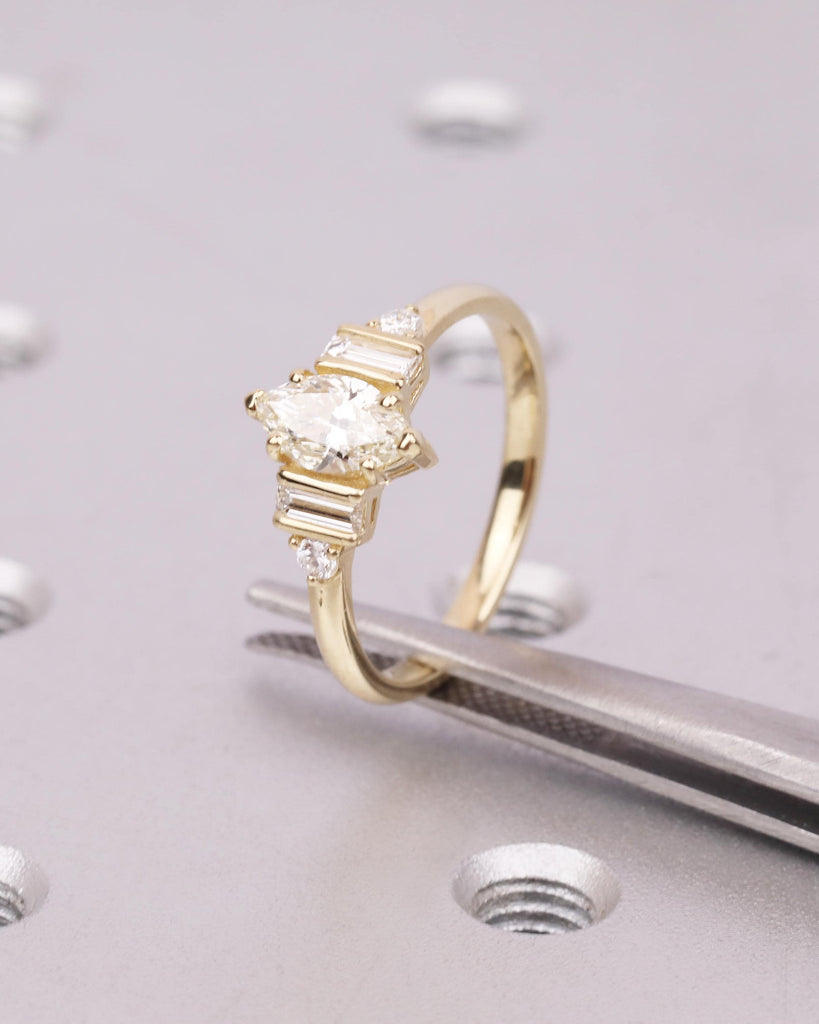 Marquise Moissanite Ring, Gold Vintage Style Engagement Ring, Round & Baguette Ring, Multi Stone Ring, Wedding Anniversary Gift