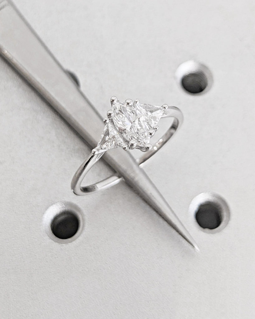 Unique Marquise and Trillion Moissanite Bridal Ring Set, 14K Gold Marquise Cut Moissanite Engagement Ring, Ombre Diamond Curved Wedding Band image #10