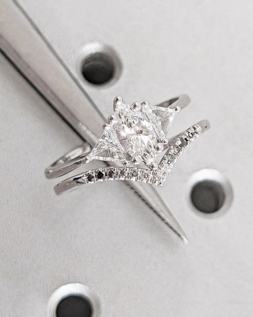 Unique Marquise and Trillion Moissanite Bridal Ring Set, 14K Gold Marquise Cut Moissanite Engagement Ring, Ombre Diamond Curved Wedding Band image #6