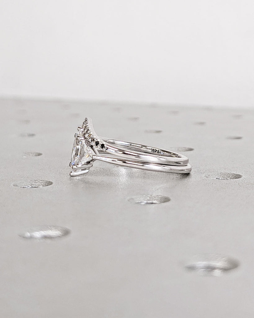 Unique Marquise Lab Grown Diamond Bridal Set, 14K Gold Engagement Ring Set, Side Trillions, Ombre Diamond Wedding Band, Anniversary Rings image #6