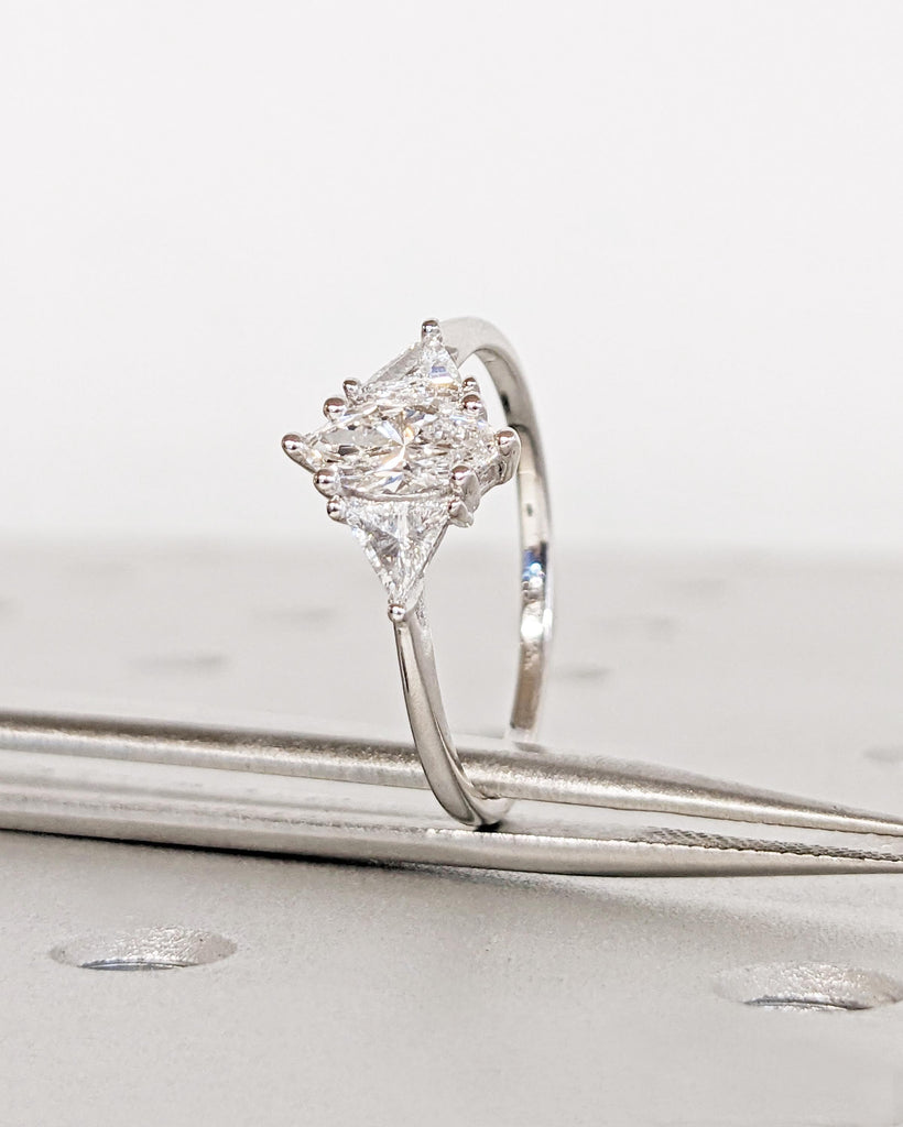 Marquise & Trillion Cut Engagement Ring in 14k White Gold, Three Stone Moissanite Engagement Ring, Promise Ring for Her image #7