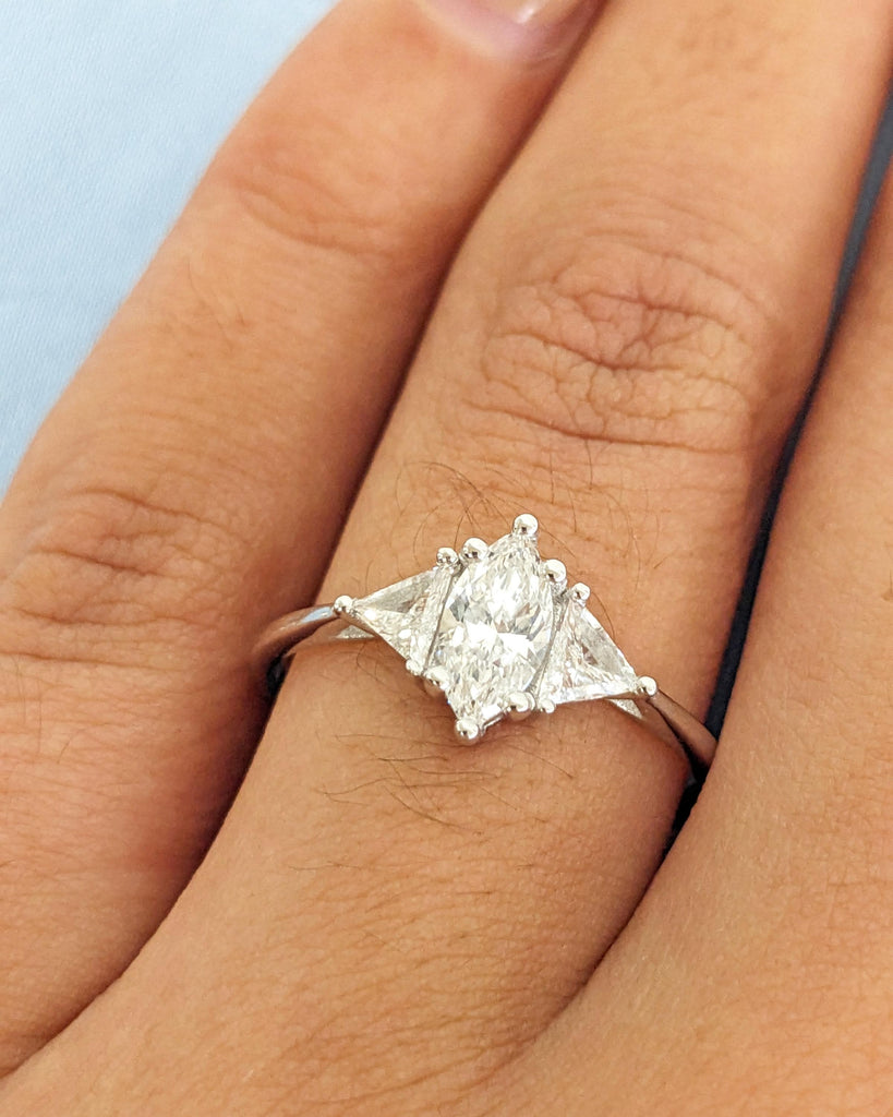 Marquise Moissanite Engagement Ring - 14K White Gold Art Deco Engagement Ring - Three Stone Ring - Dainty Bridal Ring - Trillion Side Stones image #2