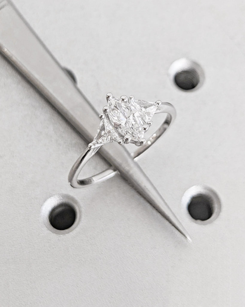 Marquise Moissanite Engagement Ring - 14K White Gold Art Deco Engagement Ring - Three Stone Ring - Dainty Bridal Ring - Trillion Side Stones image #3