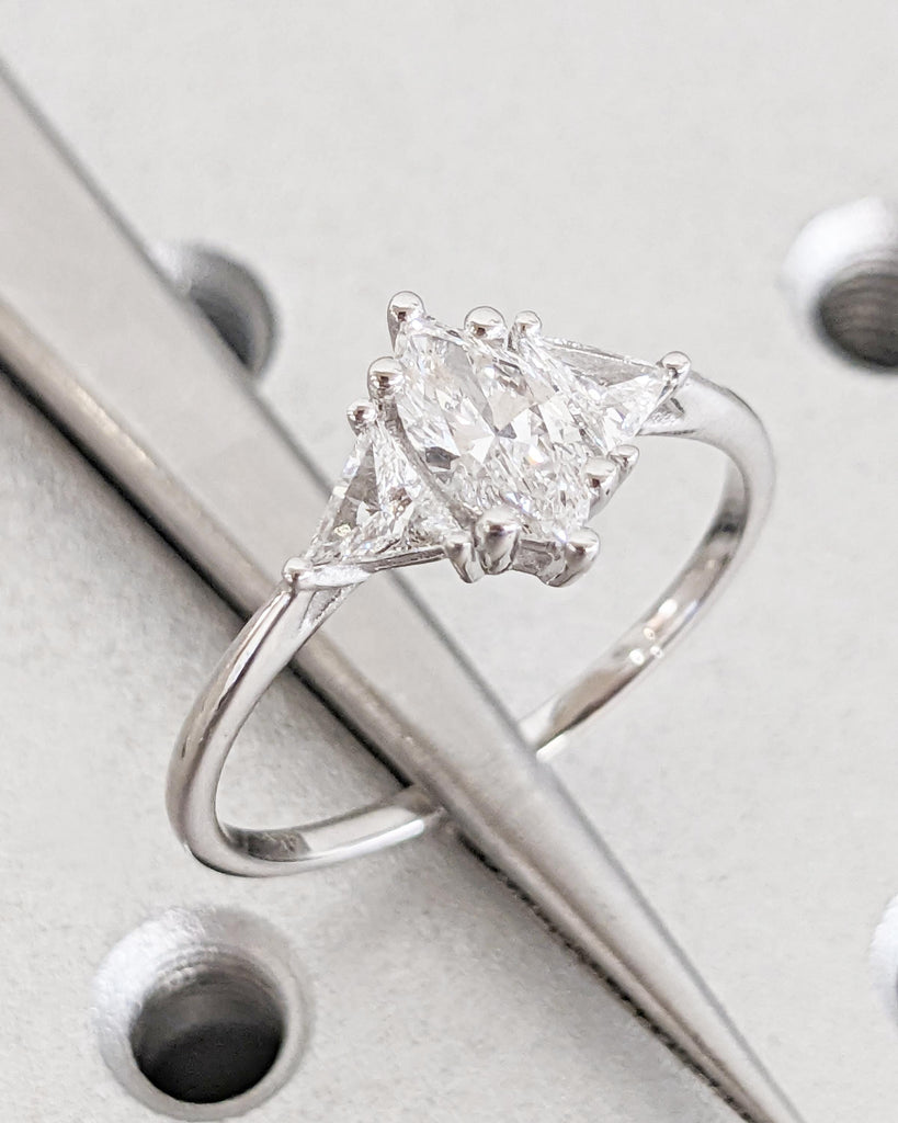 Marquise Moissanite Engagement Ring - 14K White Gold Art Deco Engagement Ring - Three Stone Ring - Dainty Bridal Ring - Trillion Side Stones image #4
