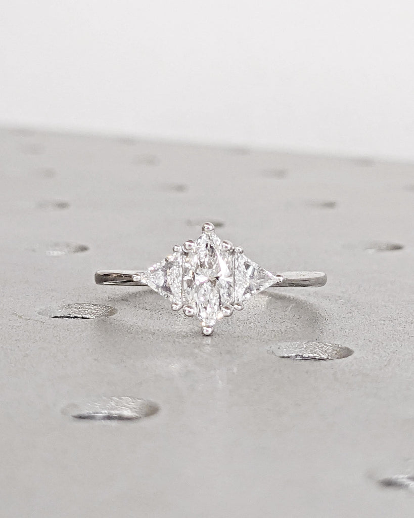 Marquise & Trillion Cut Engagement Ring in 14k White Gold, Three Stone Moissanite Engagement Ring, Promise Ring for Her image #4