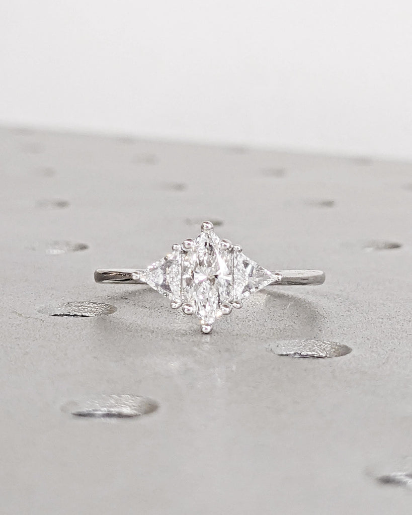 Marquise Moissanite Engagement Ring - 14K White Gold Art Deco Engagement Ring - Three Stone Ring - Dainty Bridal Ring - Trillion Side Stones