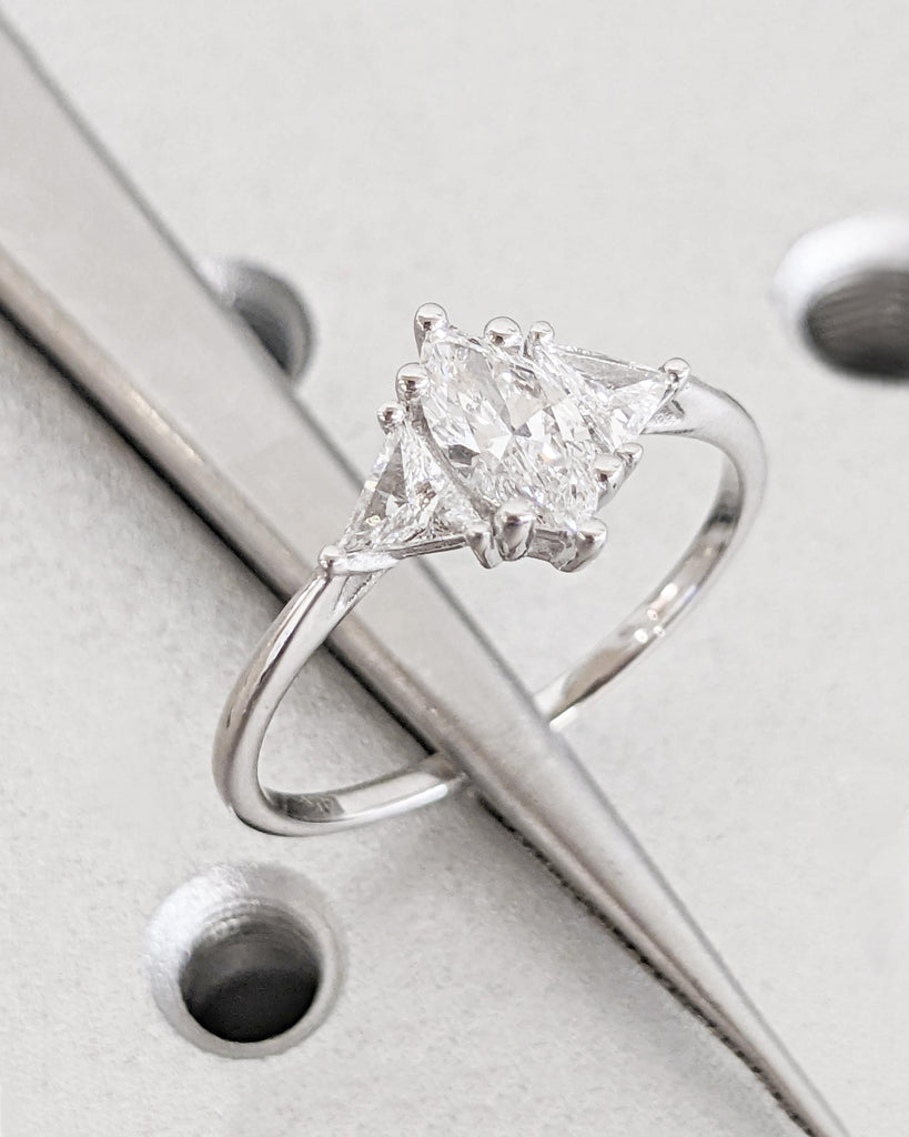 Marquise & Trillion Cut Engagement Ring in 14k White Gold, Three Stone Moissanite Engagement Ring, Promise Ring for Her