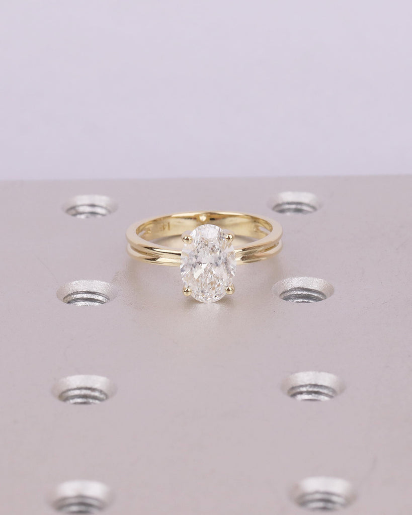 Oval Engagement Ring, Unique 14k Yellow Gold Moissanite Ring, Double Band Solitaire Wedding Rings for Women, Split Shank Anniversary Jewelry