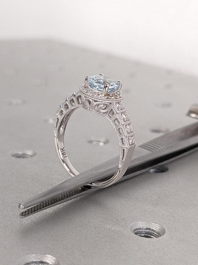 Edwardian Aquamarine Engagement Rings for Women | Gold or Platinum Diamond Halo Art Deco Wedding Ring Anniversary Gift image #11