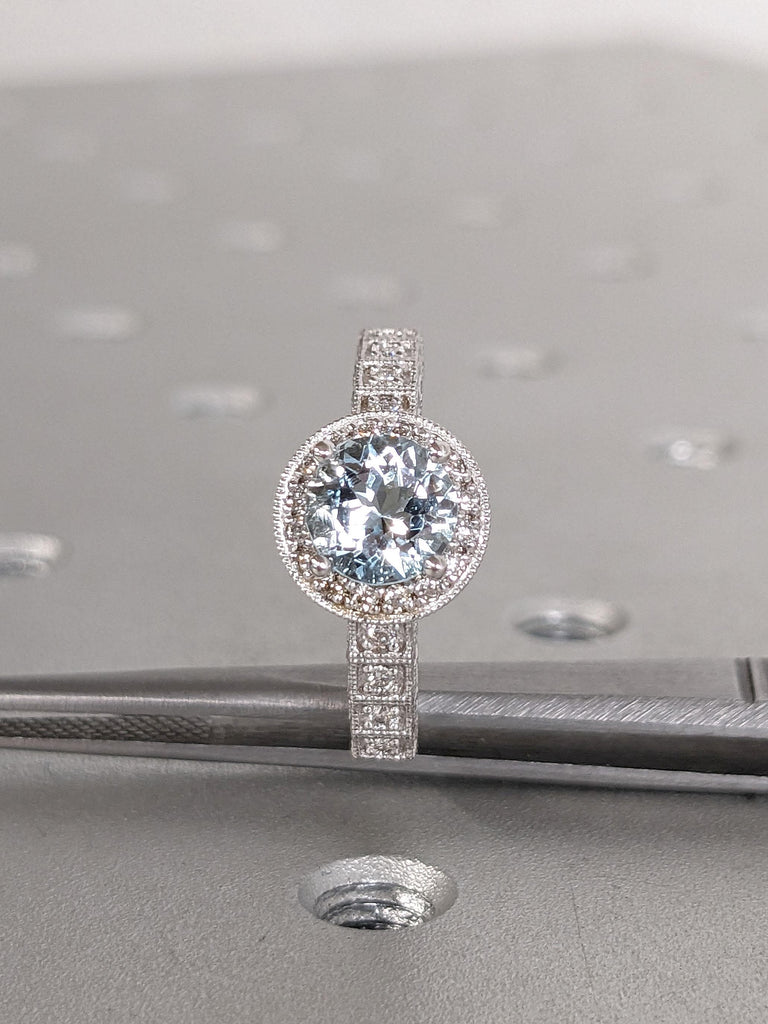 Edwardian Aquamarine Engagement Rings for Women | Gold or Platinum Diamond Halo Art Deco Wedding Ring Anniversary Gift image #13