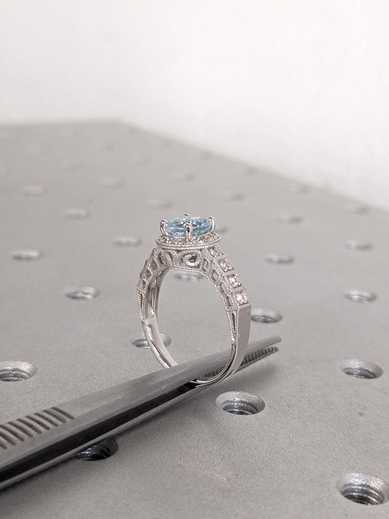 Edwardian Aquamarine Engagement Rings for Women | Gold or Platinum Diamond Halo Art Deco Wedding Ring Anniversary Gift image #12