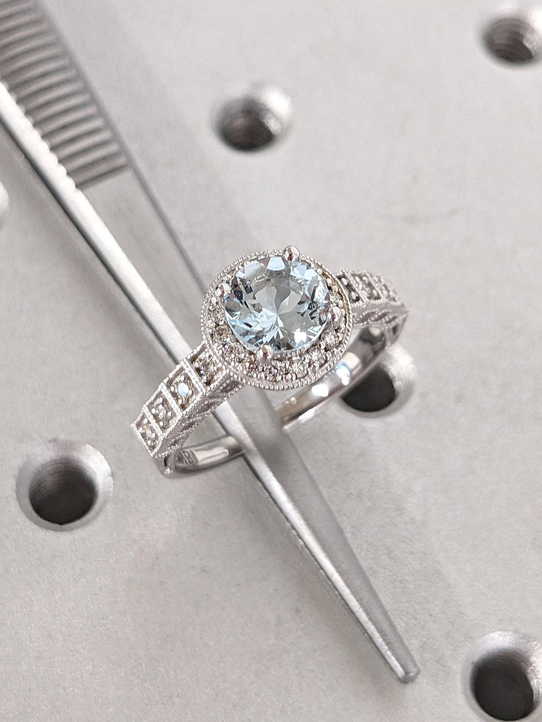 Edwardian Aquamarine Engagement Rings for Women | Gold or Platinum Diamond Halo Art Deco Wedding Ring Anniversary Gift