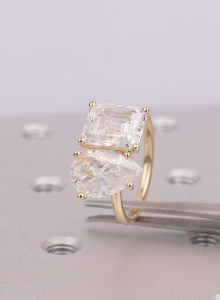 Unique Double Stone Engagement Ring | Lab Grown Diamond Toi et Moi Ring | 14K Gold Two Stone Ring |  Pear and Emerald Cut Gold Bridal Ring image #8