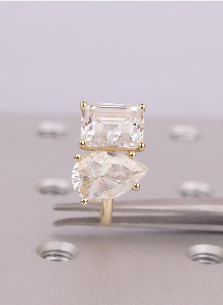 Unique Double Stone Engagement Ring | Lab Grown Diamond Toi et Moi Ring | 14K Gold Two Stone Ring |  Pear and Emerald Cut Gold Bridal Ring image #10