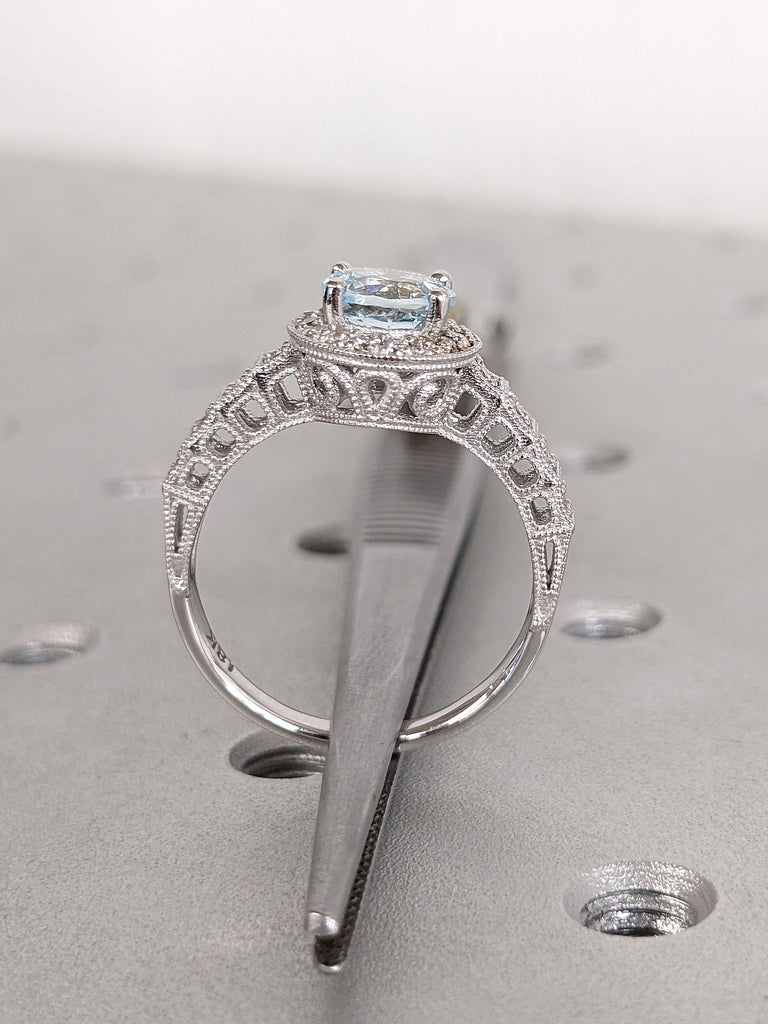 18k White Gold Heirloom Vintage Engagement Rings for Women | Light Blue Gemstone Ring