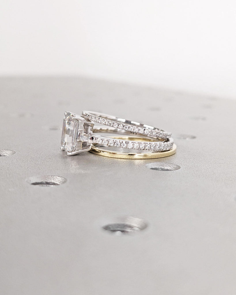14k Solid Gold Emerald Cut Wedding Ring Set: Lab Grown Diamond Ring, Tapered Baguette Sides, Full Eternity Wedding Band, 3pc Bridal Set image #6