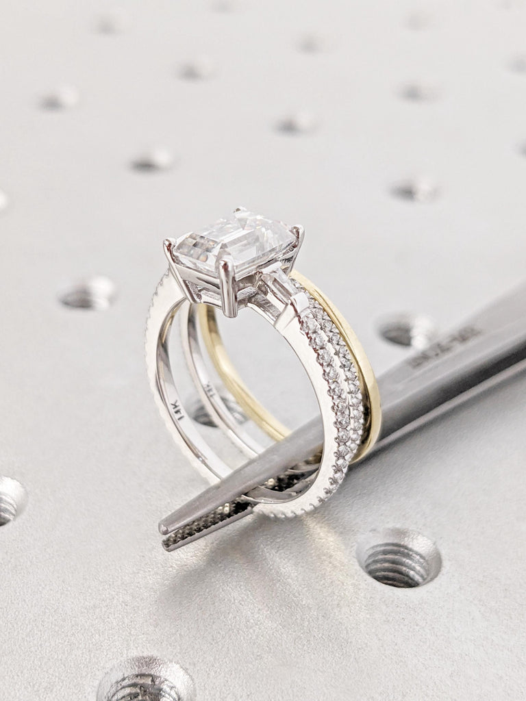 Emerald Cut Moissanite Engagement Ring Set, Side Tapered Baguettes, Micro Pave Full Eternity Wedding Band, 14k Solid Gold Stacking Ring Set image #8