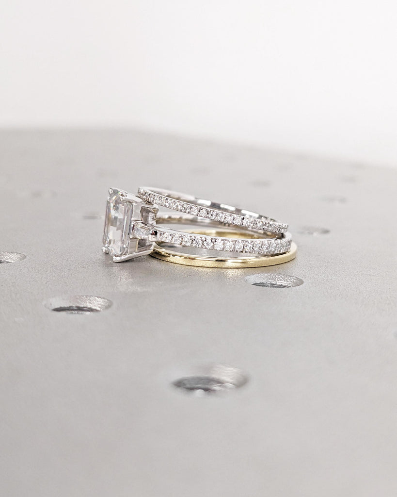 Emerald Cut Moissanite Engagement Ring Set, Side Tapered Baguettes, Micro Pave Full Eternity Wedding Band, 14k Solid Gold Stacking Ring Set image #5