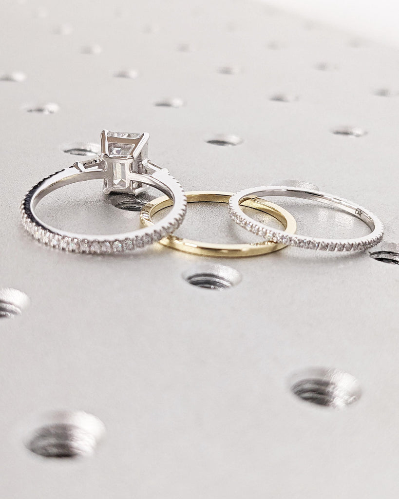Emerald Cut Moissanite Engagement Ring Set, Side Tapered Baguettes, Micro Pave Full Eternity Wedding Band, 14k Solid Gold Stacking Ring Set image #4