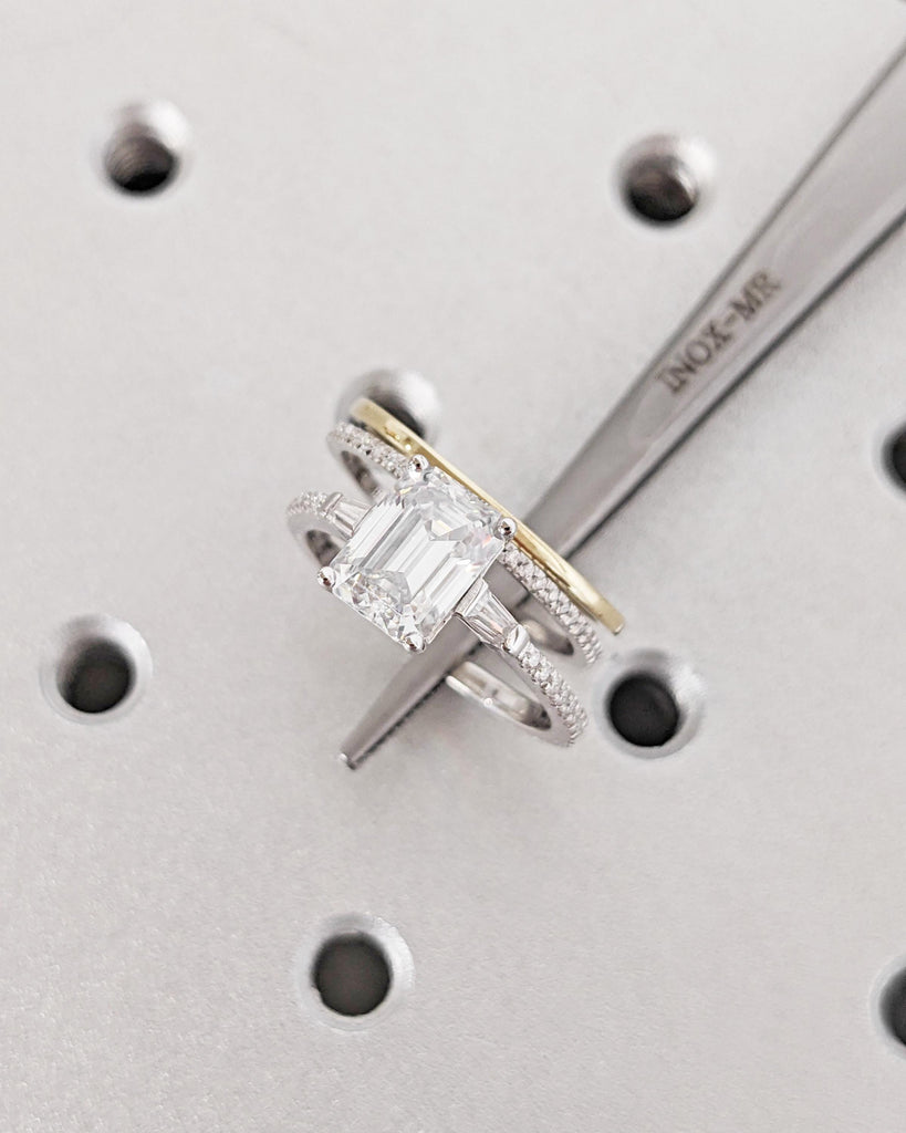 Emerald Cut Moissanite Engagement Ring Set, Side Tapered Baguettes, Micro Pave Full Eternity Wedding Band, 14k Solid Gold Stacking Ring Set image #7