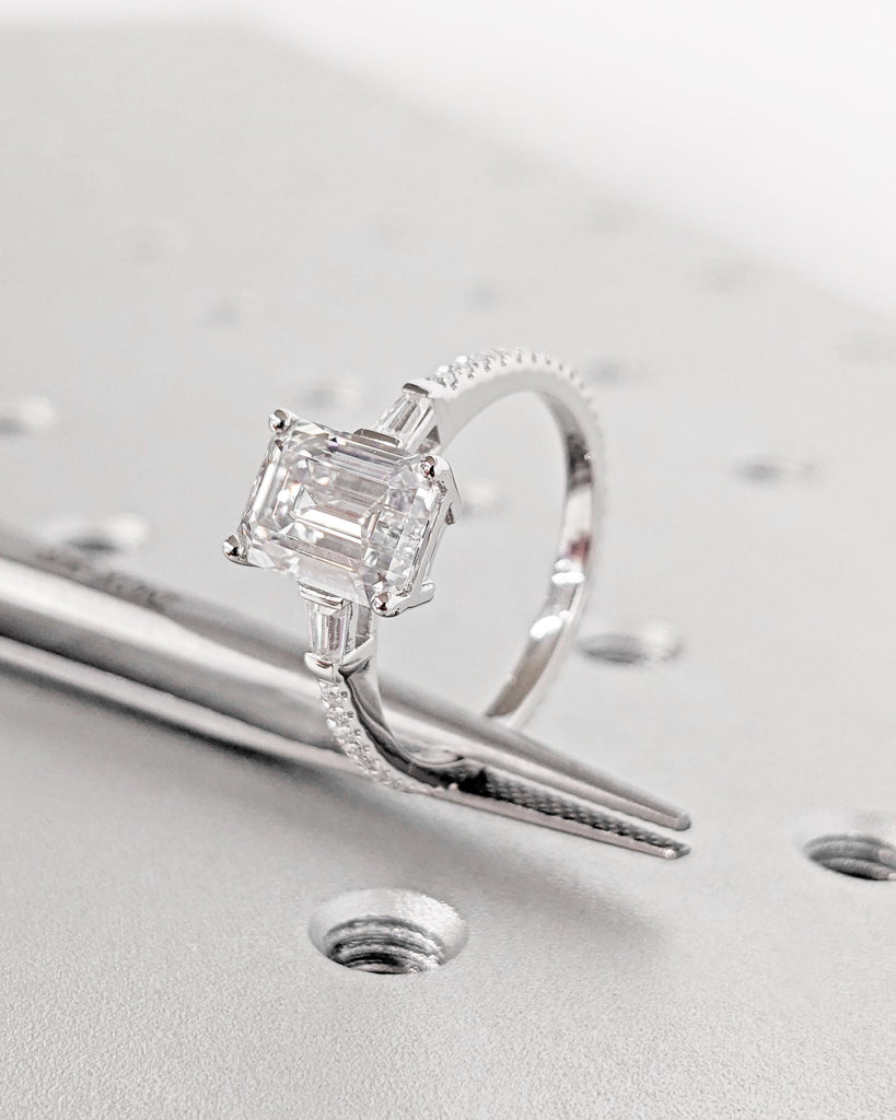 Emerald Cut Lab Grown Diamond Engagement Ring, Side Tapered Baguette Diamonds or Moissanites, 14k White Gold Statement Ring, Rings For Women image #9