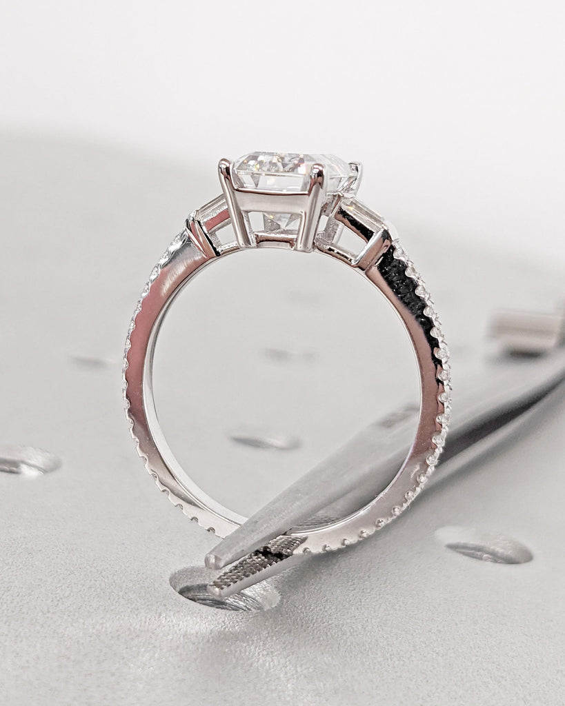 Emerald Cut Moissanite Engagement Ring, Tapered Baguette Ring, Eternity Pave Band, Vintage Art Deco Bridal Ring, 14K Solid Gold Ring image #7