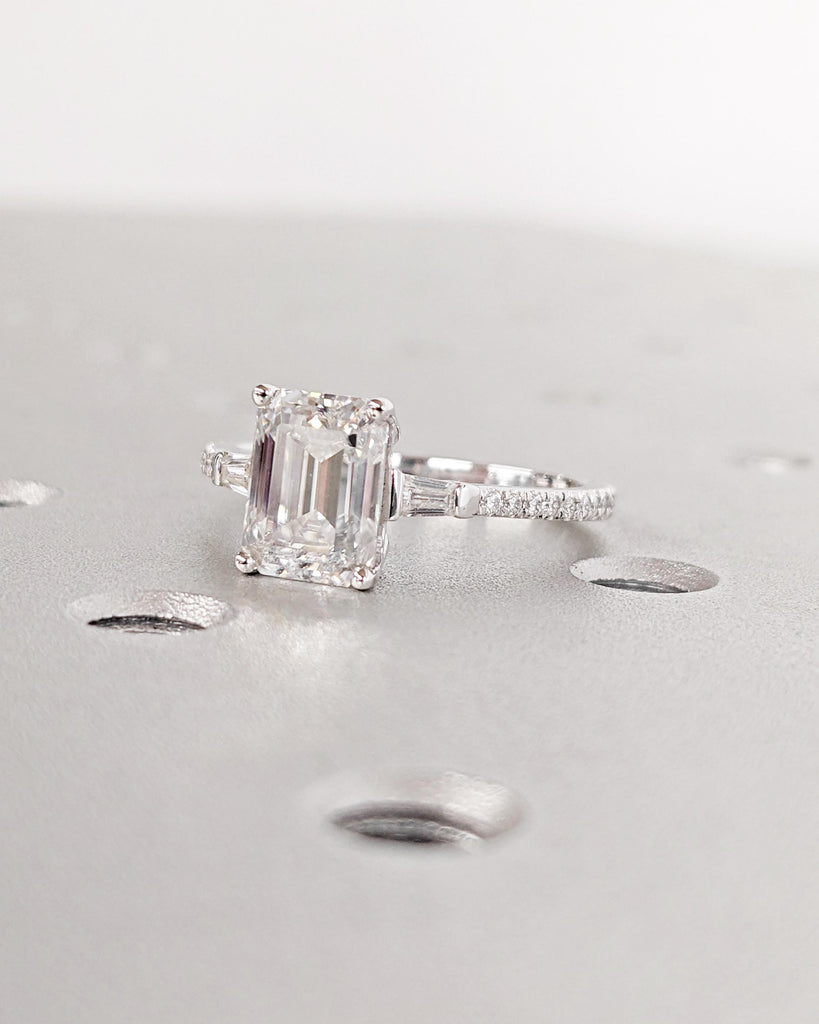 Emerald Cut Moissanite Engagement Ring, Side Tapered Baguette Diamonds or Moissanites, Solid 14k White Gold Statement Ring, Rings For Women image #4