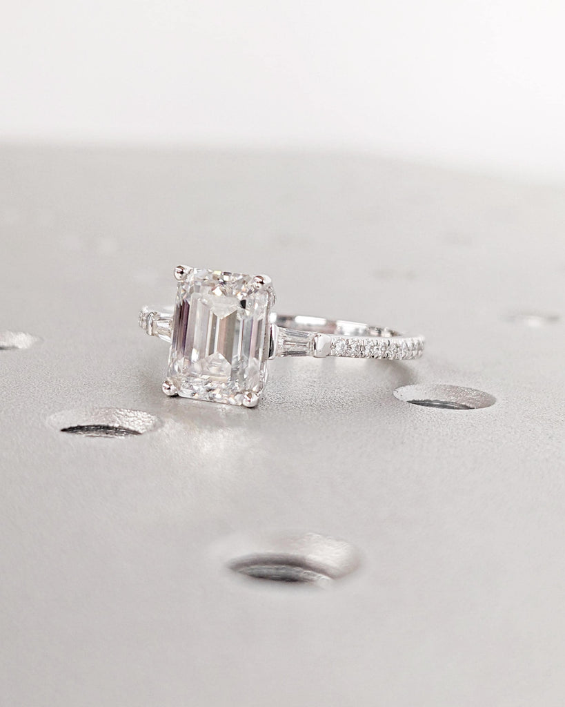 Emerald Cut Moissanite Engagement Ring, Tapered Baguette Ring, Eternity Pave Band, Vintage Art Deco Bridal Ring, 14K Solid Gold Ring image #5
