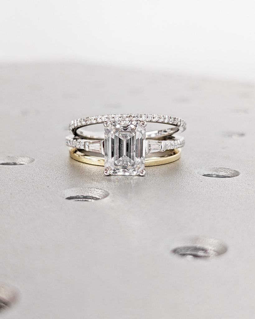 Emerald Cut IGI Certified Lab Grown Diamond Engagement Ring Set, Side Tapered Baguette 14k Solid Gold, Micro Pave Full Eternity Wedding Band