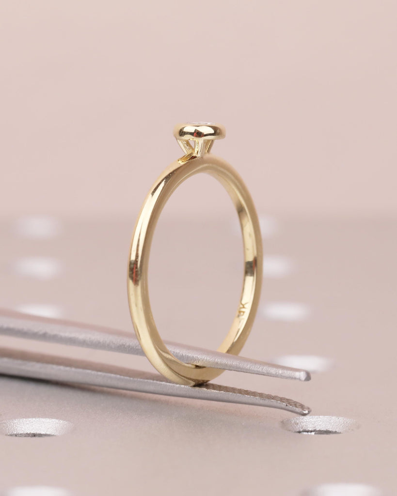 Solitaire Diamond Ring, Dainty 14k Yellow Gold Bezel Engagement Ring, Round Salt and Pepper Promise Ring for Her, Unique Bridal Jewelry image #10