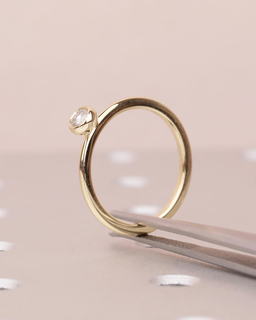 Solitaire Diamond Ring, Dainty 14k Yellow Gold Bezel Engagement Ring, Round Salt and Pepper Promise Ring for Her, Unique Bridal Jewelry image #12