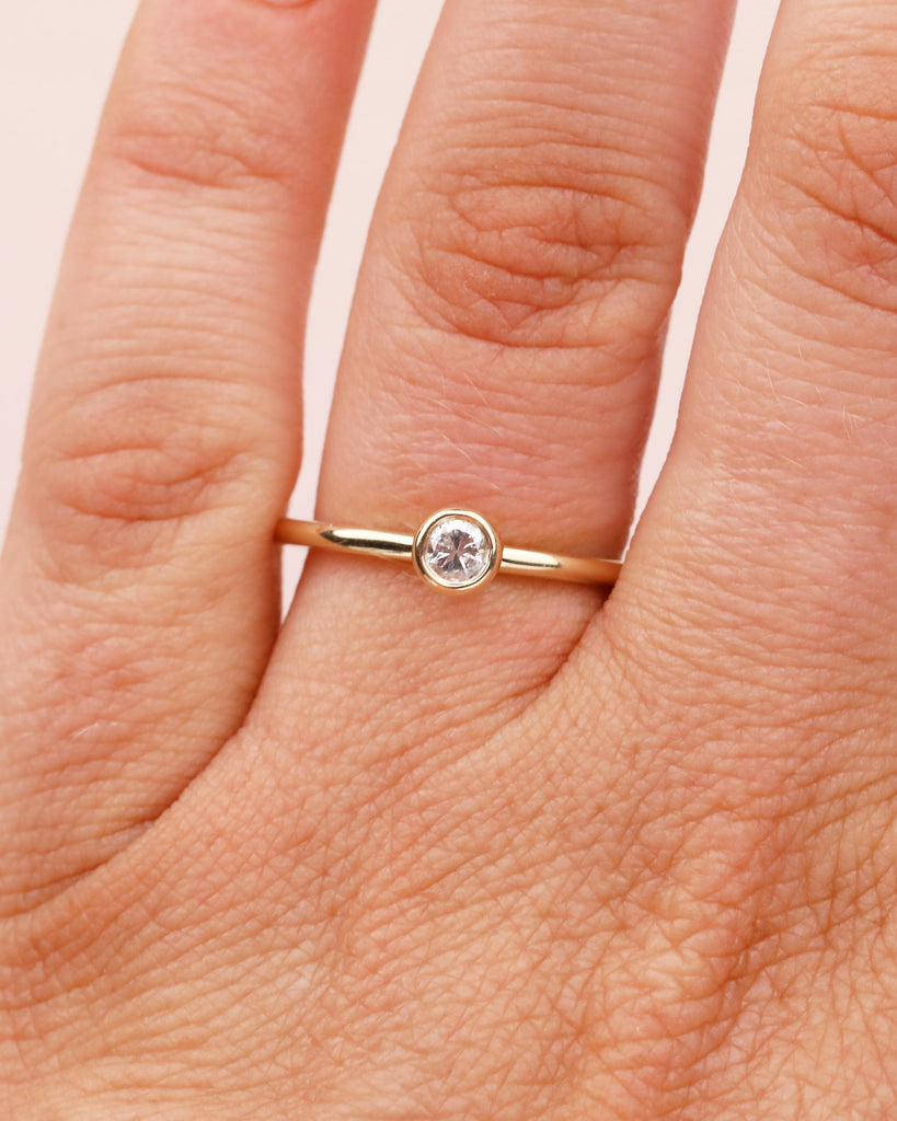 Solitaire Diamond Ring, Dainty 14k Yellow Gold Bezel Engagement Ring, Round Salt and Pepper Promise Ring for Her, Unique Bridal Jewelry image #11