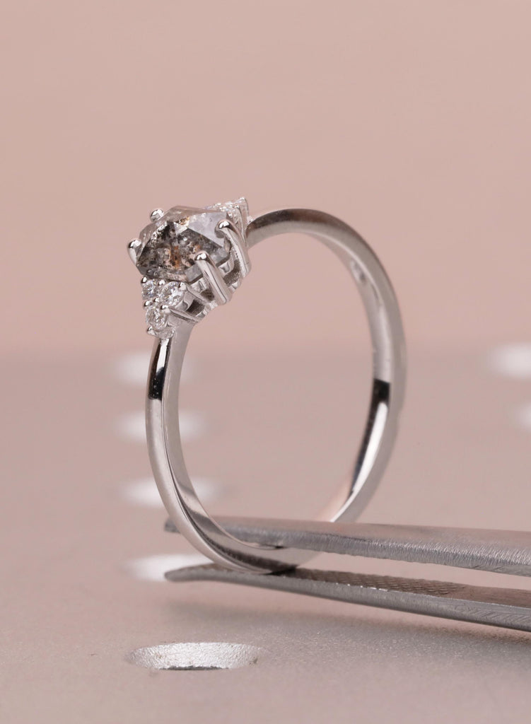 Hexagon Salt and Pepper Diamond Engagement Ring, 14K White Gold Galaxy Cluster Bridal Jewelry, Unique Alternative Promise Gift for Her