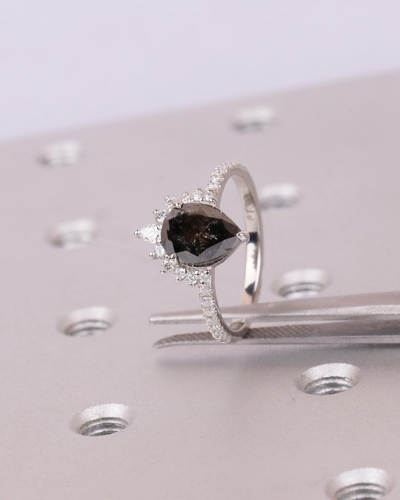 Pear Cut Salt and Pepper Diamond Engagement Ring, Pave Platinum Ring for Women image #8