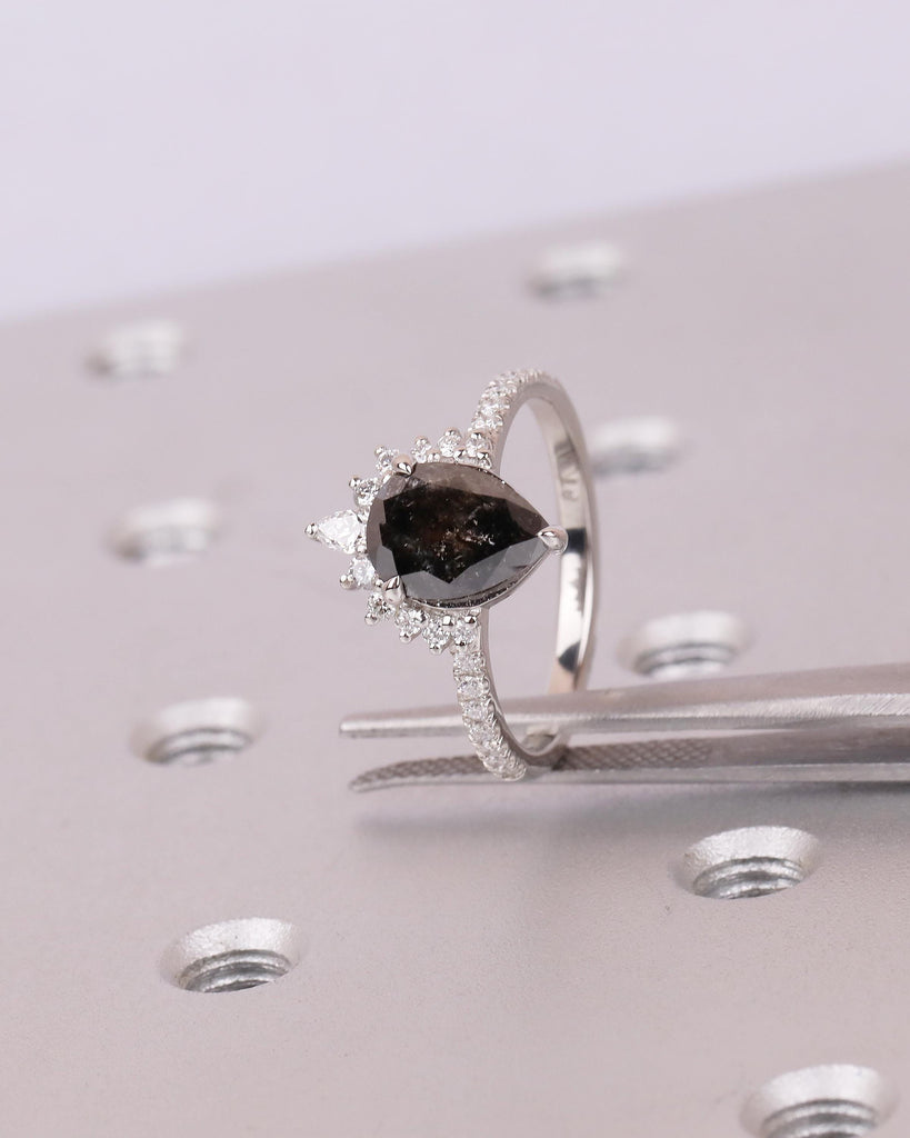 Vintage Salt and Pepper Diamond Ring, Pear Engagement Ring, Platinum Diamond Cluster Ring, Art Deco Wedding Anniversary Ring, Bridal Jewelry image #8