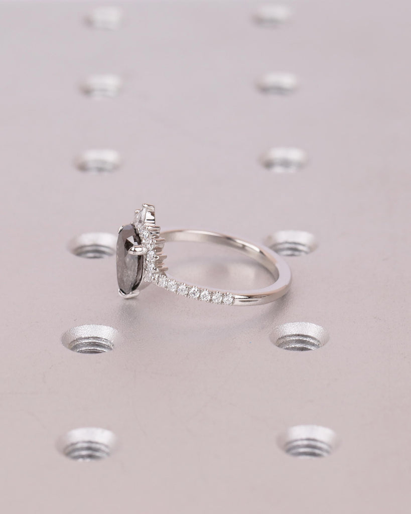 Vintage Salt and Pepper Diamond Ring, Pear Engagement Ring, Platinum Diamond Cluster Ring, Art Deco Wedding Anniversary Ring, Bridal Jewelry image #10