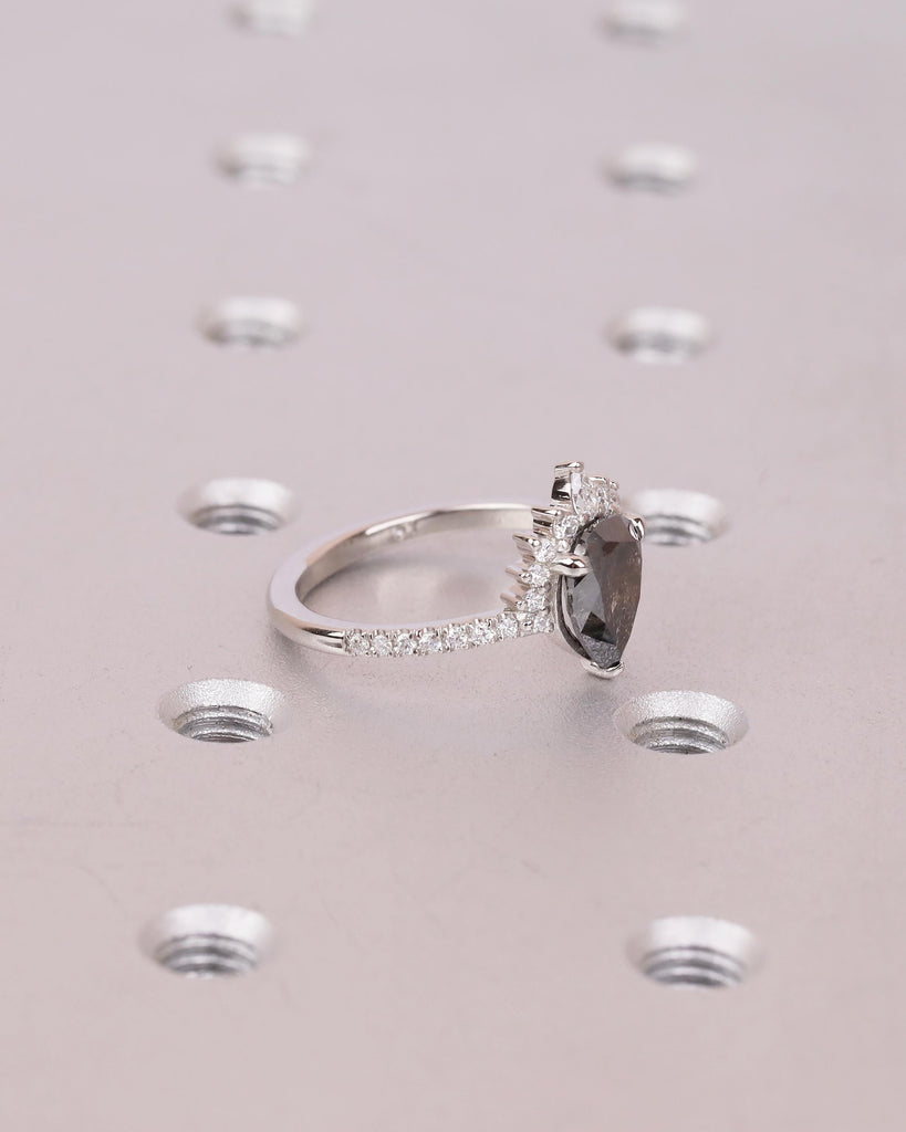 Pear Cut Salt and Pepper Diamond Engagement Ring, Pave Platinum Ring for Women image #13