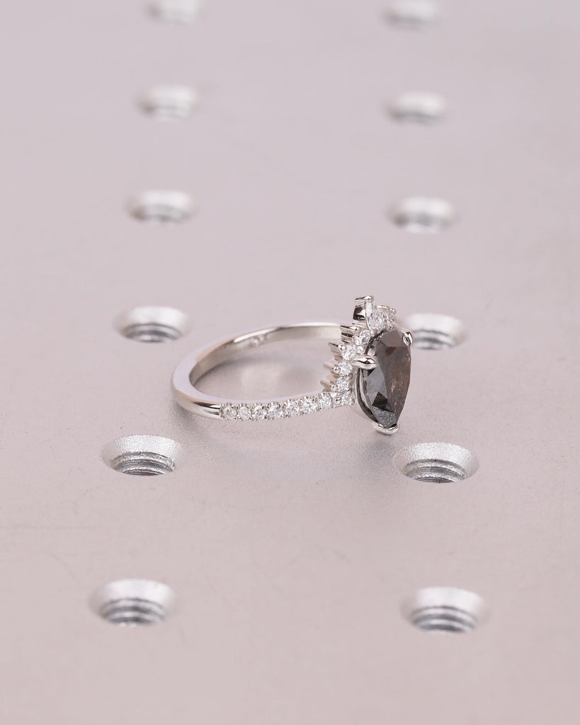 Vintage Salt and Pepper Diamond Ring, Pear Engagement Ring, Platinum Diamond Cluster Ring, Art Deco Wedding Anniversary Ring, Bridal Jewelry image #13
