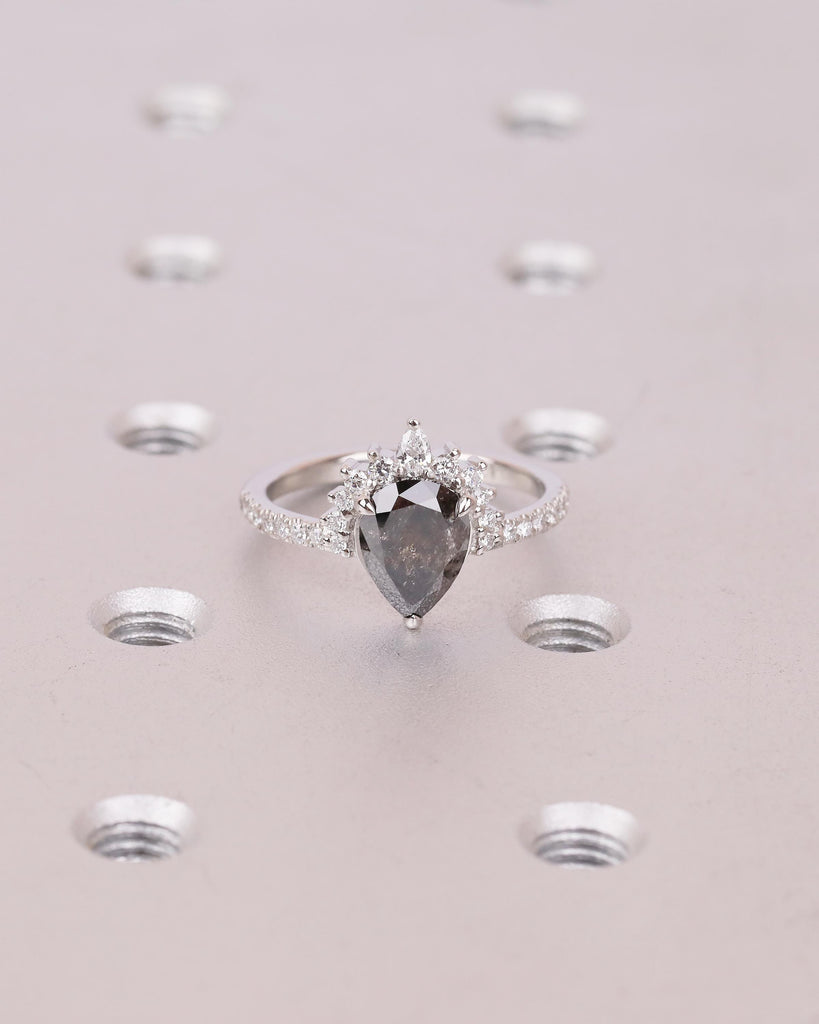 Vintage Salt and Pepper Diamond Ring, Pear Engagement Ring, Platinum Diamond Cluster Ring, Art Deco Wedding Anniversary Ring, Bridal Jewelry image #12