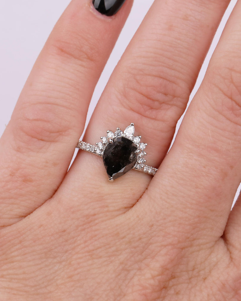 Pear Cut Salt and Pepper Diamond Engagement Ring, Pave Platinum Ring for Women image #11