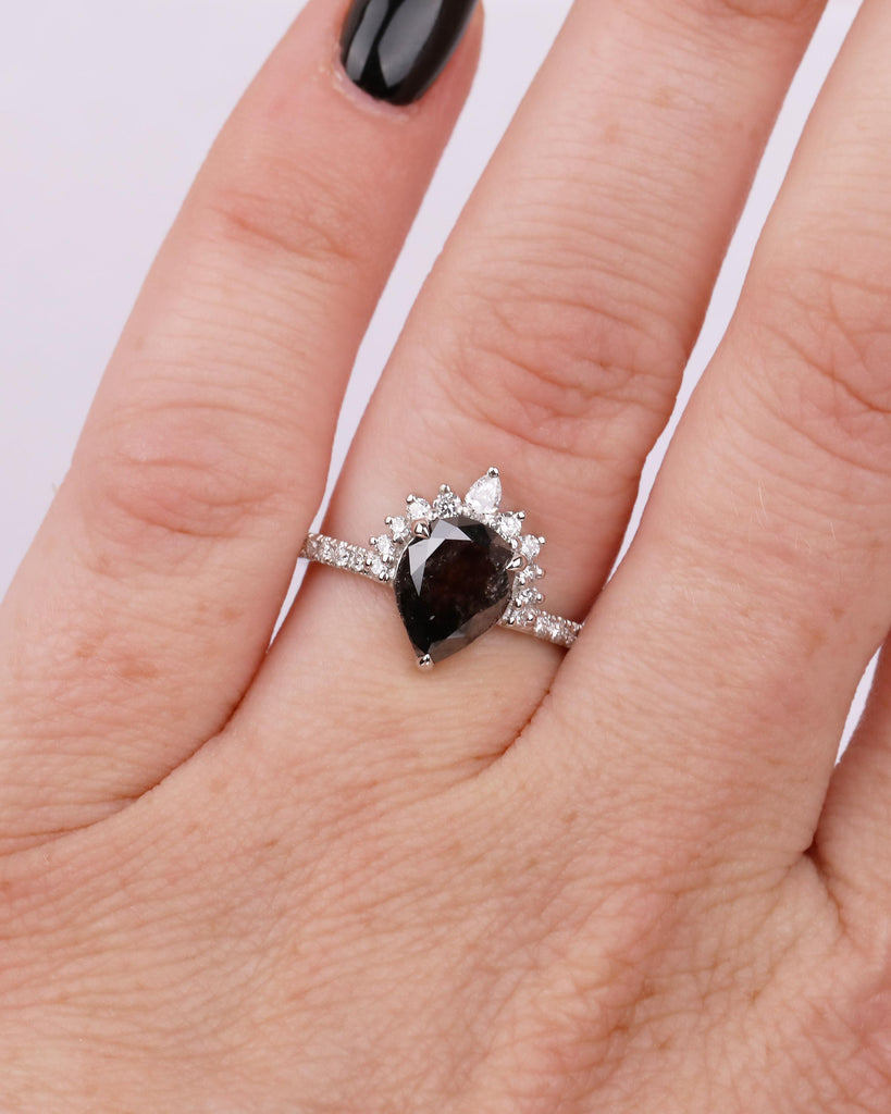Vintage Salt and Pepper Diamond Ring, Pear Engagement Ring, Platinum Diamond Cluster Ring, Art Deco Wedding Anniversary Ring, Bridal Jewelry image #14