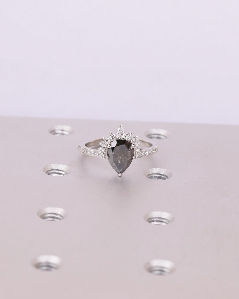 Pear Cut Salt and Pepper Diamond Engagement Ring, Pave Platinum Ring for Women image #3