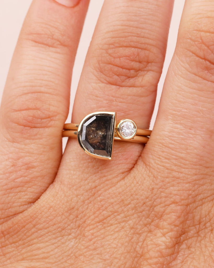 14k Solid Gold Toi et Moi Salt and Pepper Diamond Engagement Ring in Bezel Setting