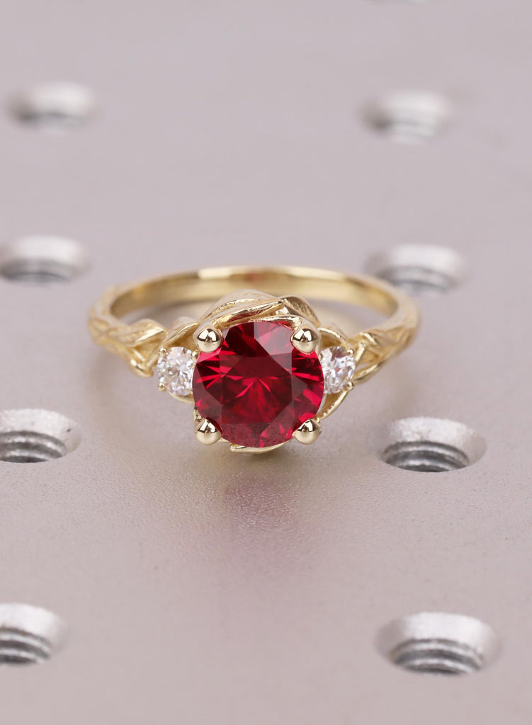 Nature Inspired Ruby Engagement Ring, 14K Gold Leaves Promise Ring, Round Red Ruby Trellis Wedding Ring, Custom Anniversary Gift for Her
