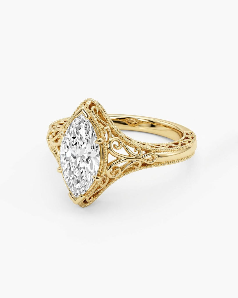 Vintage Style Marquise Lab Diamond Engagement Ring, 14k Solid Gold Filigree Promise Ring, Marquise Cut Solitaire Ring, Antique Engraved Band