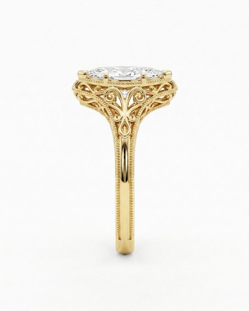 Victorian Style Marquise Engagement Ring, Vintage Filigree Moissanite Ring, 14k Yellow Gold Antique Art Deco Wedding Ring image #5
