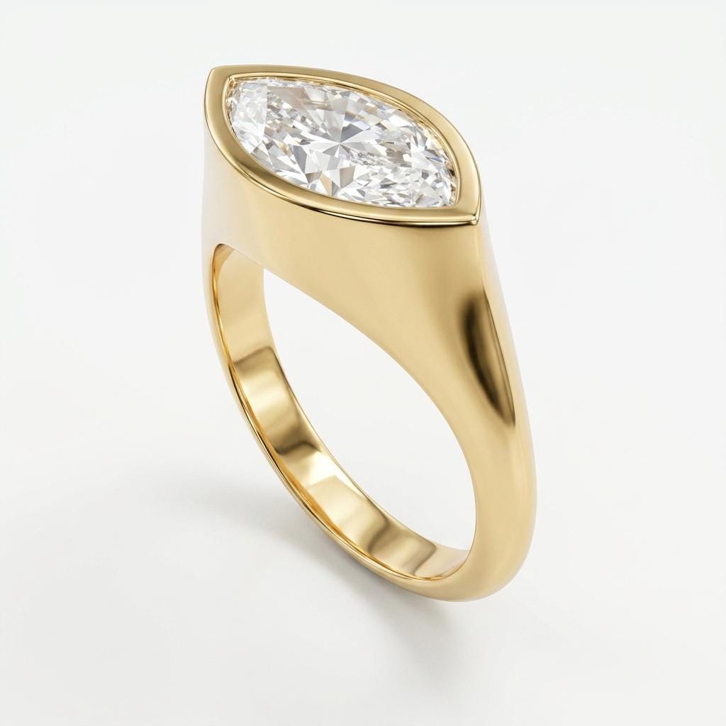 East West Moissanite Signet Ring, Marquise Engagement Ring, 14k Yellow Gold Anniversary Rings, Solitaire Bezel Set Ring, Statement Jewelry image #2