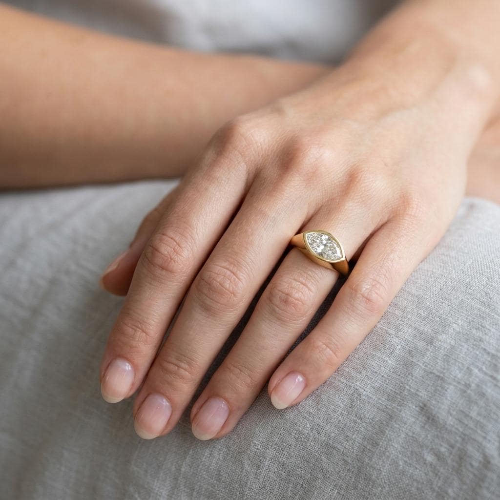 East West Moissanite Signet Ring, Marquise Engagement Ring, 14k Yellow Gold Anniversary Rings, Solitaire Bezel Set Ring, Statement Jewelry image #3