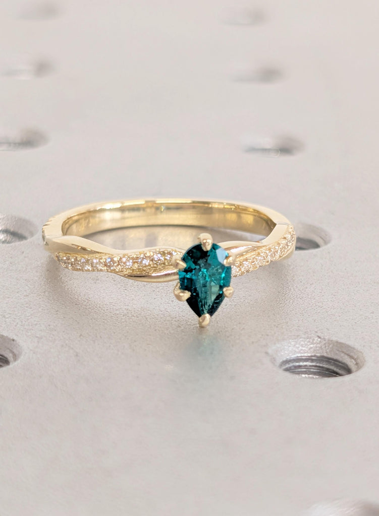 14k Gold Green Emerald Engagement Ring, Pear Cut Gemstone Bridal Ring with Pave Twisted Band image #5