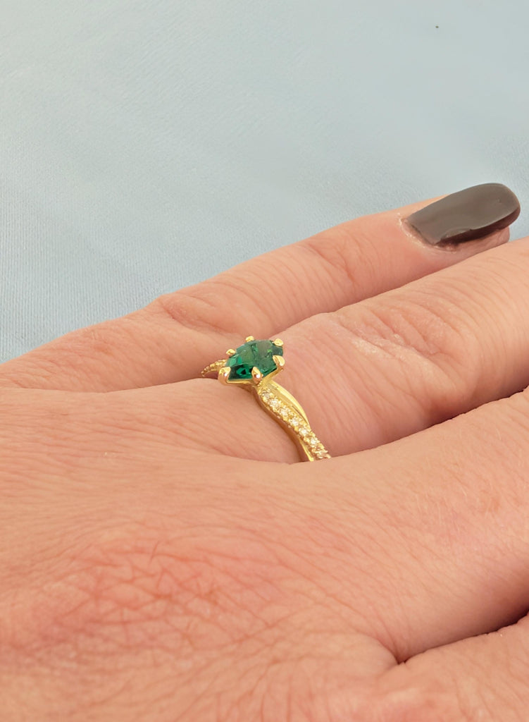 14k Gold Green Emerald Engagement Ring, Pear Cut Gemstone Bridal Ring with Pave Twisted Band image #13